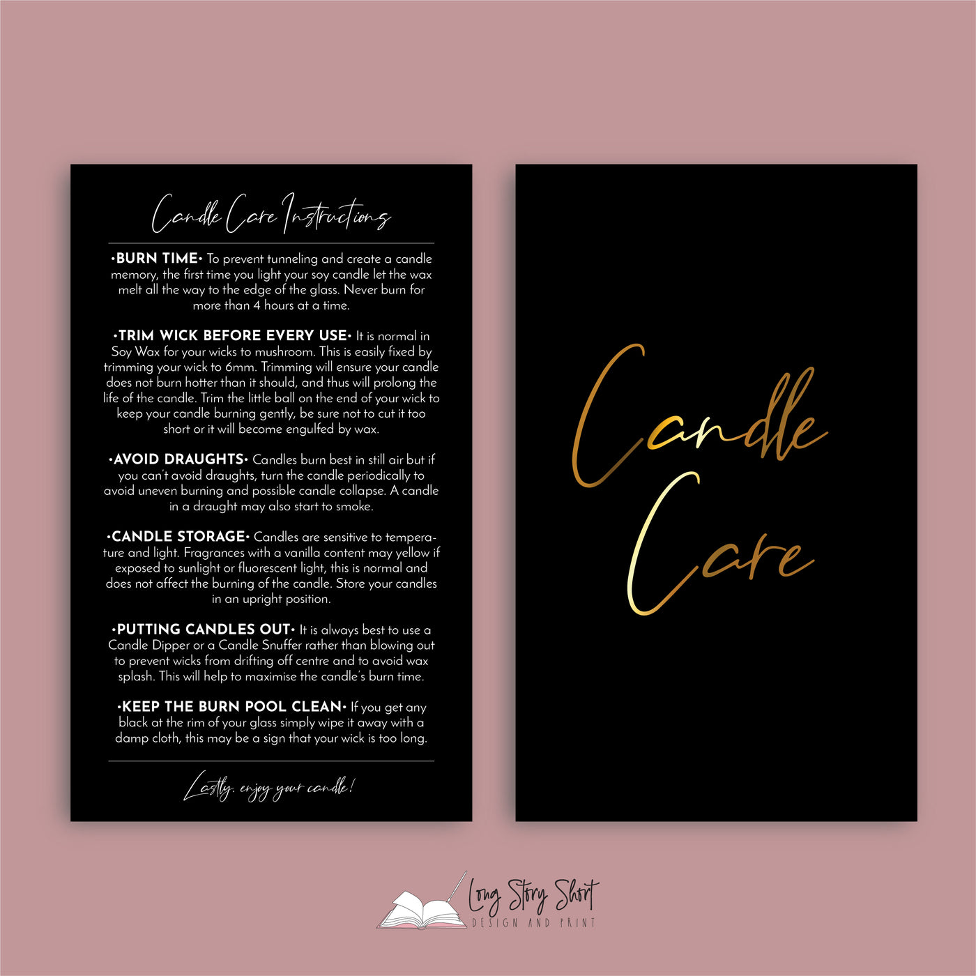 3D Gold Foiled Candle Care Cards Black/Pink