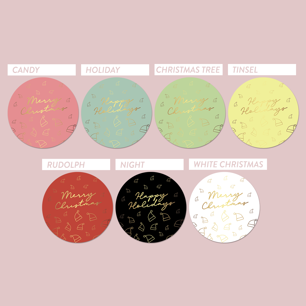 Matte/Gloss The Jewel Christmas Collection Round Labels - Santa Hats - Festive Pastels