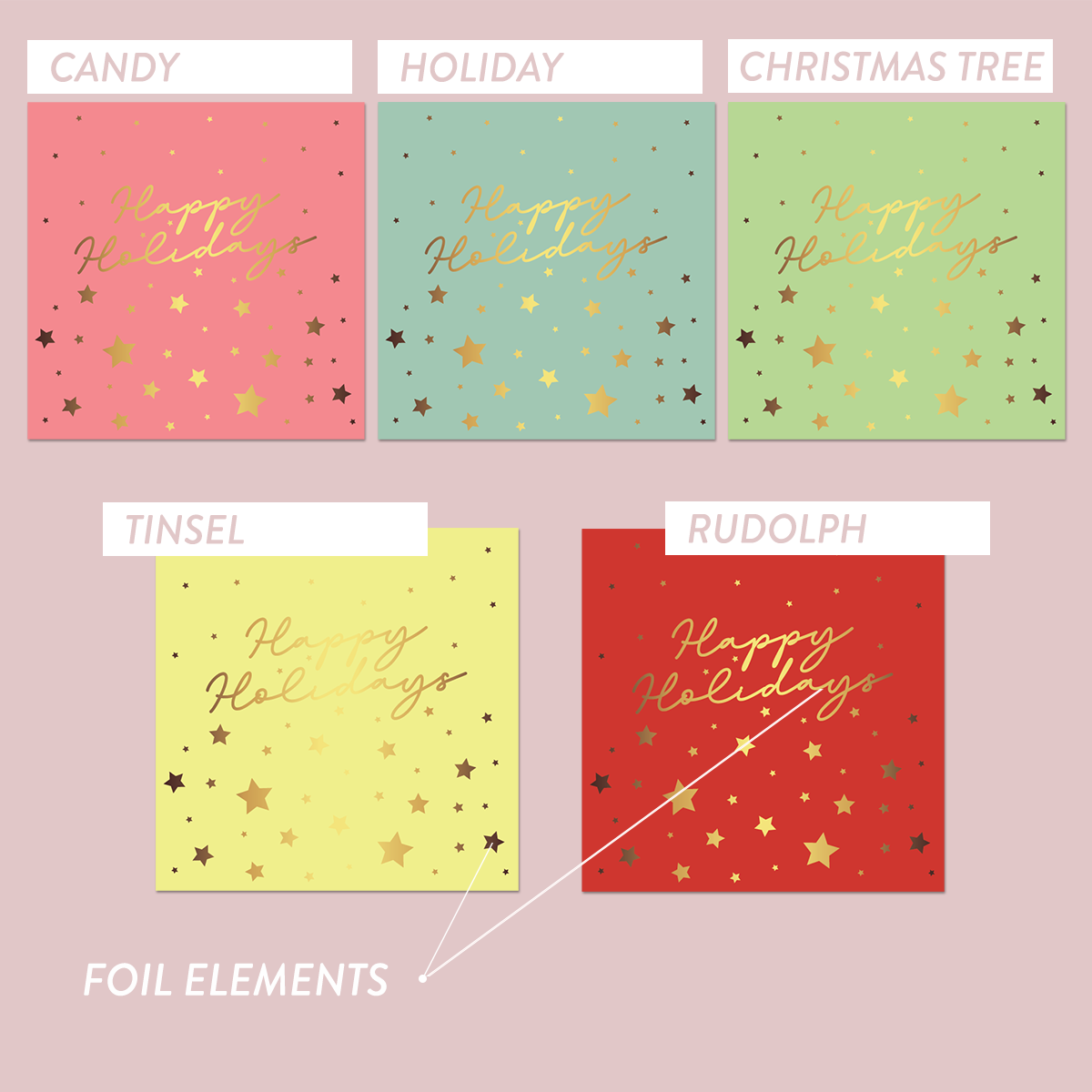 Foiled The Jewel Christmas Collection Happy Holidays Square Labels - STARS - Festive Pastels