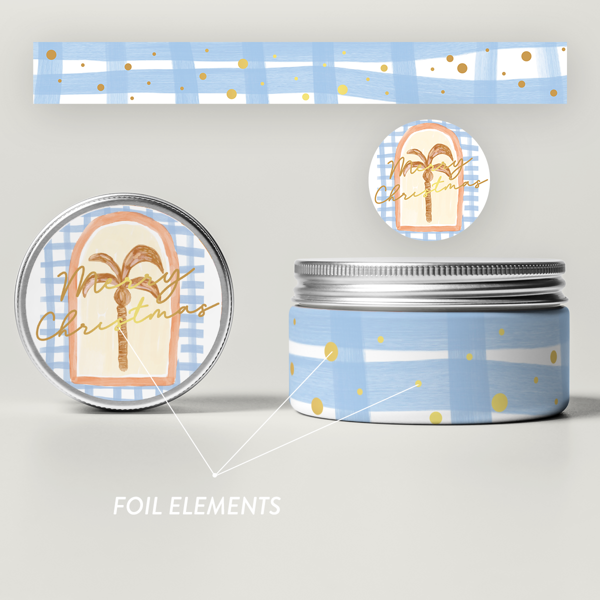 Jess Walker Christmas Travel Tin Set (Lid and Wrap Label) Design FIVE Foil